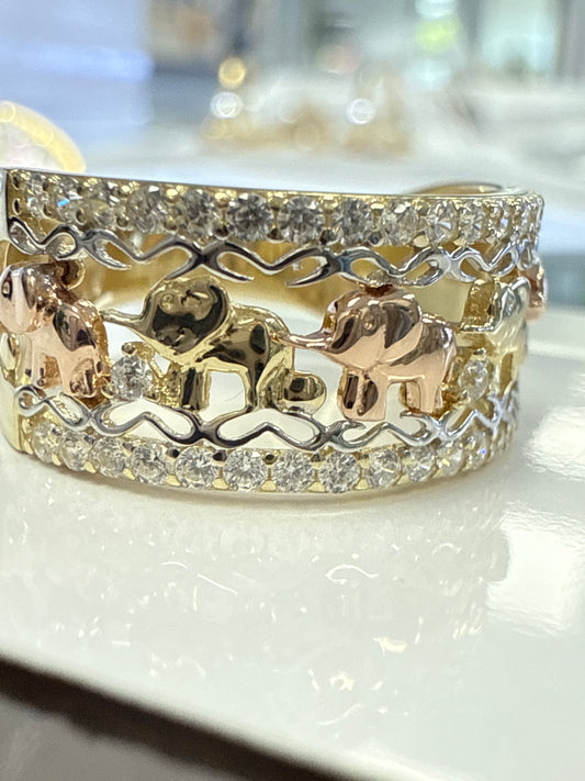 14k tri-colored ring with elephants and stones
