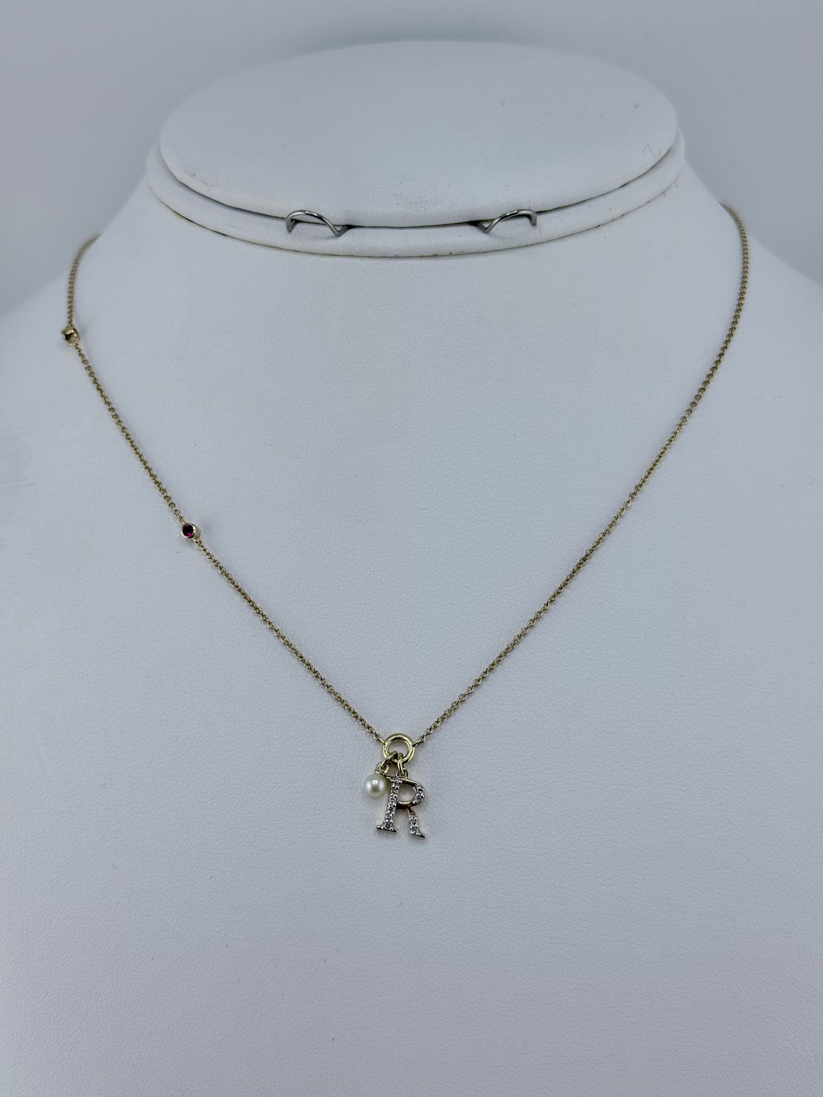 10k letter R necklace with diamond ruby and pearl