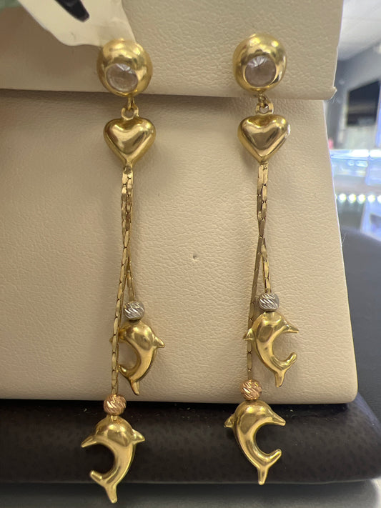 14k tri-colored long hanging earrings with dolphins