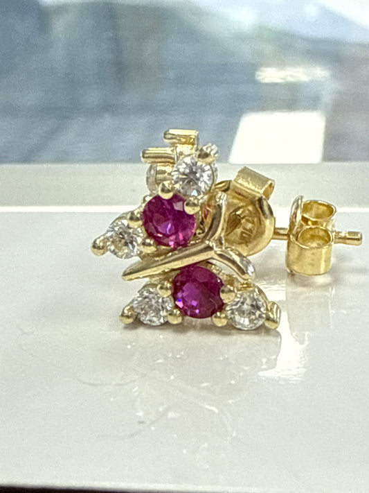 14k baby and ladies butterfly earring with red stone push back
