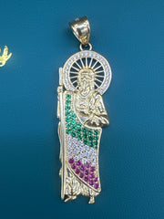 14k Christian pendant san Judas color pink and green stones