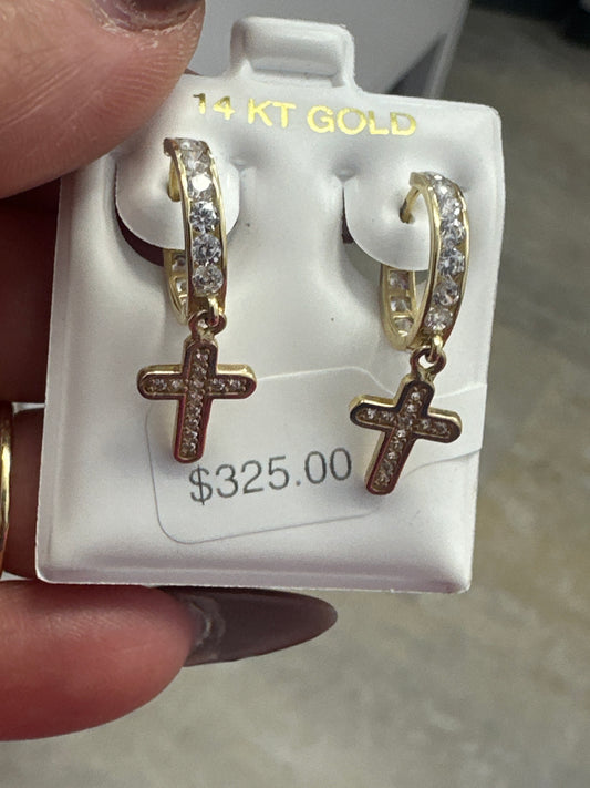 14k earings huggies with stones with hanging cross