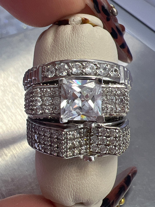 14k trio set wedding engagement white gold
