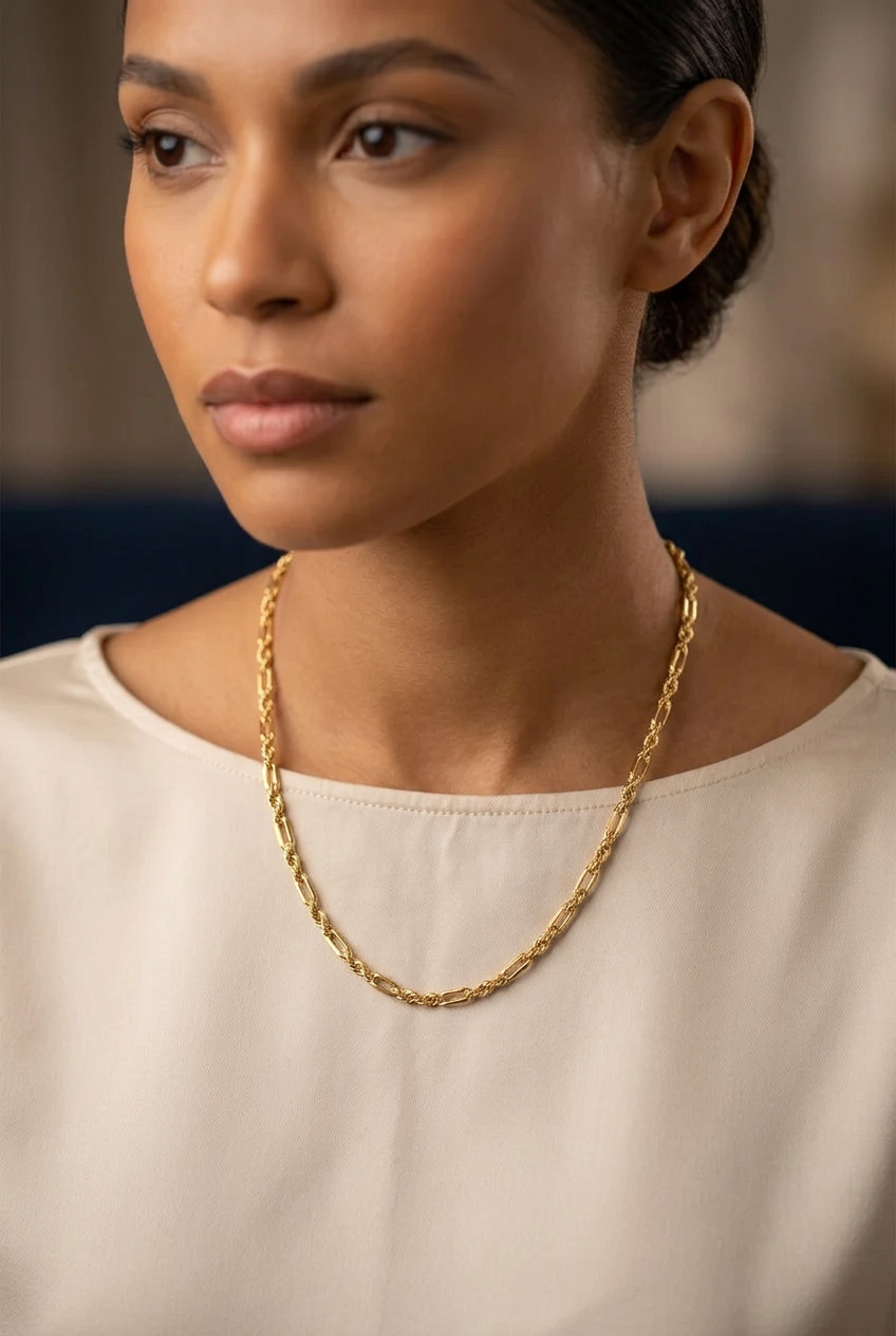 14k yellow gold Figaro-rope or Milano rope-style chain necklace. 29.23g 3.5mm 22”