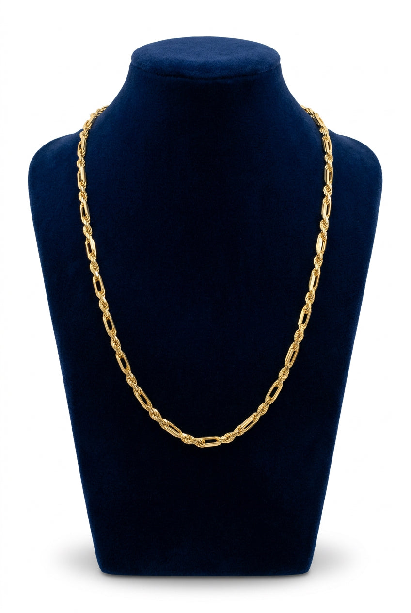 14k yellow gold Figaro-rope or Milano rope-style chain necklace. 29.23g 3.5mm 22”