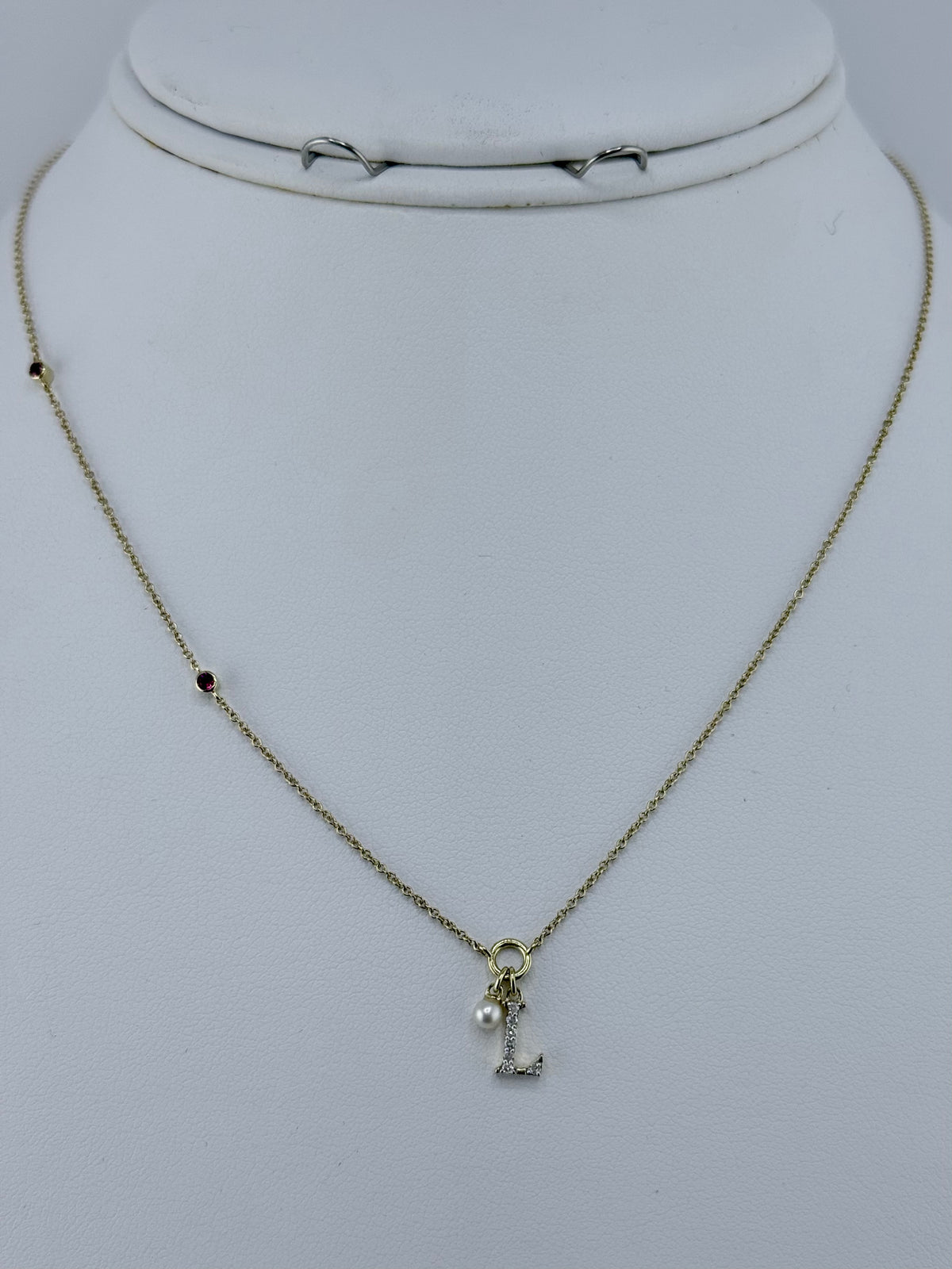 10k letter L necklace with diamond ruby and pearl