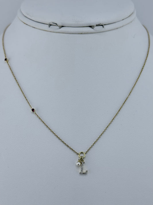 10k letter L necklace with diamond ruby and pearl