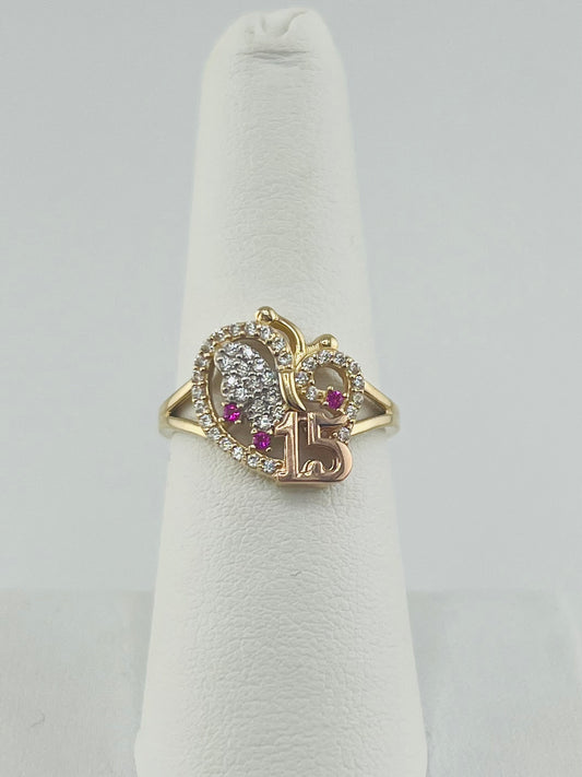 14k anillo de quince con mariposa y piedras 2.76g