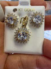10k Earring and pendant in blue gems set in a floral-inspired sunburst halo design consisting of an inner ring of smaller round accents and an outer scalloped border of marquise-shaped