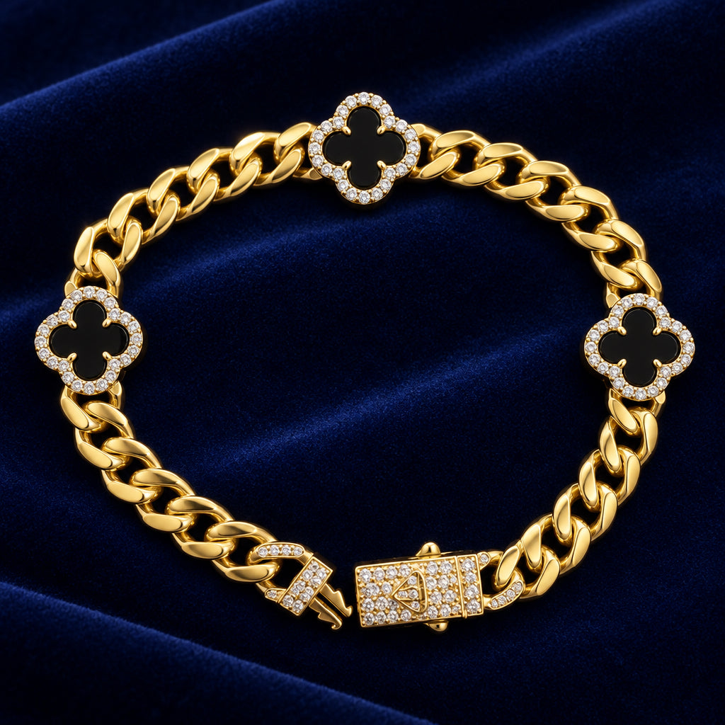10k bracelet Monaco style black clover flower