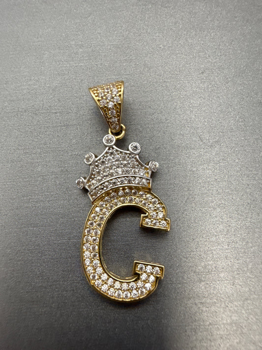 14k letter C pendant with crown and CZ’s stones