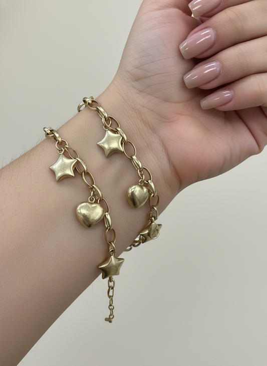 14k Dangle charm bracelet heart mon star