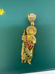 14k Christian pendant san Judas color pink and green stones