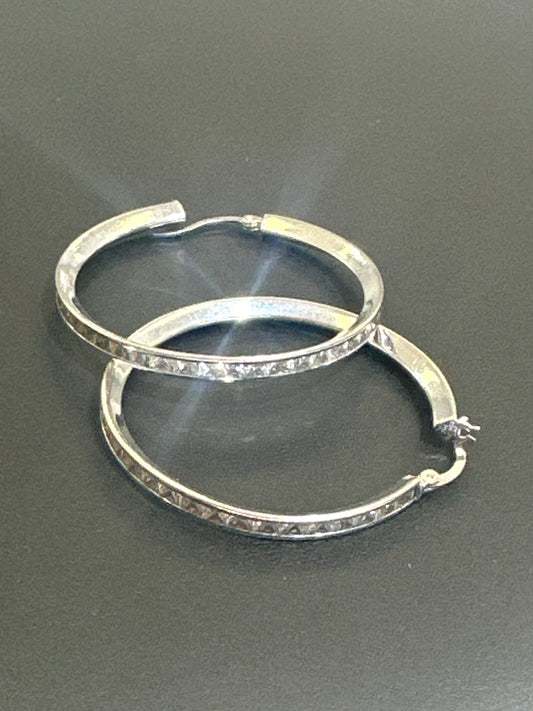 14k Earring big hoop white gold stones