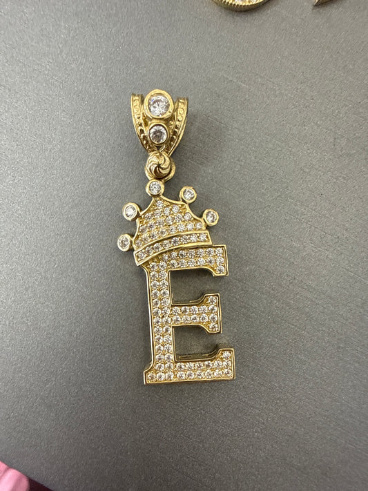 14k letter E pendant with crown on Cz’s stones