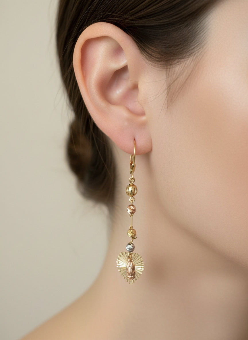 14k long heart with Guadalupe Earrings