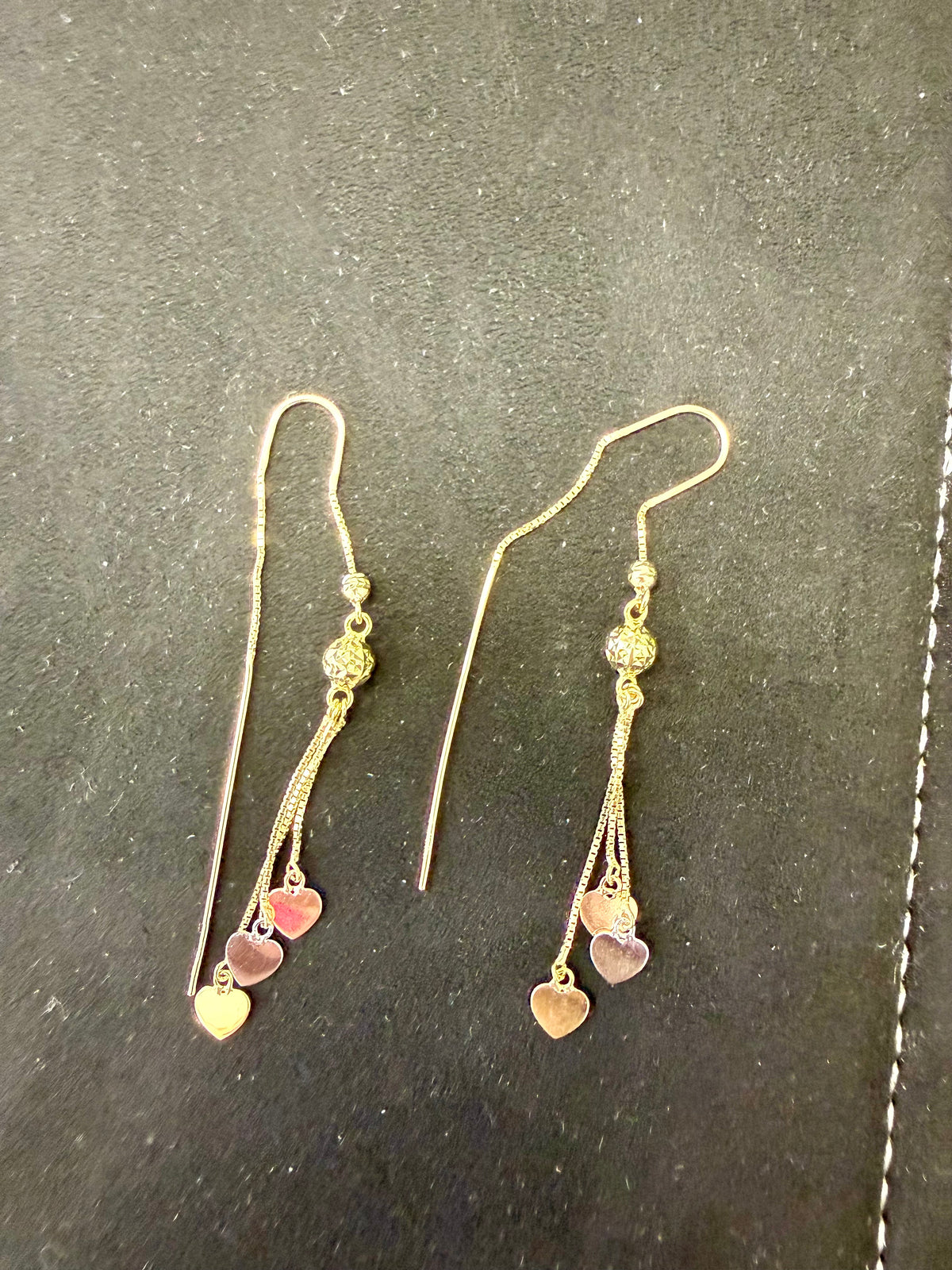 14k earing long 3 color hearts