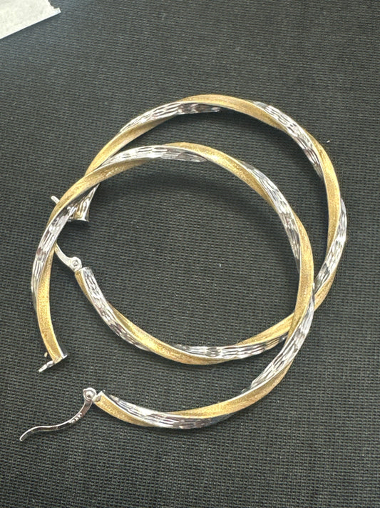 14k Earring big hoop yellow and white gold twisted