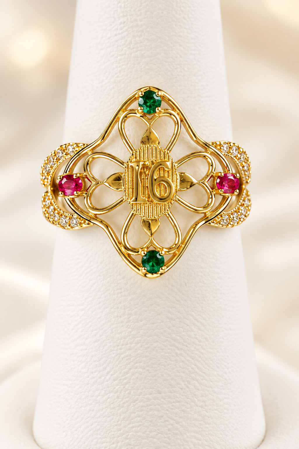 10k ring  Sweet 16th green and pink stones
