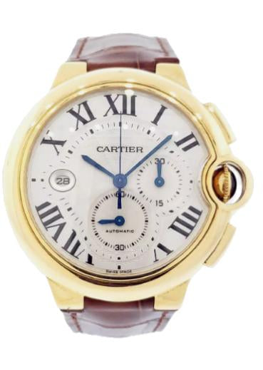 Cartier Ballon Bleu 44 Automatic Silver Dial Mens 18K Yellow Gold with Leather band Watch 3568