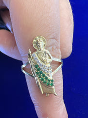 10k ring san Judas 2.75g green white stones