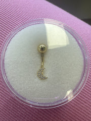 14k belly ring with moon and stones