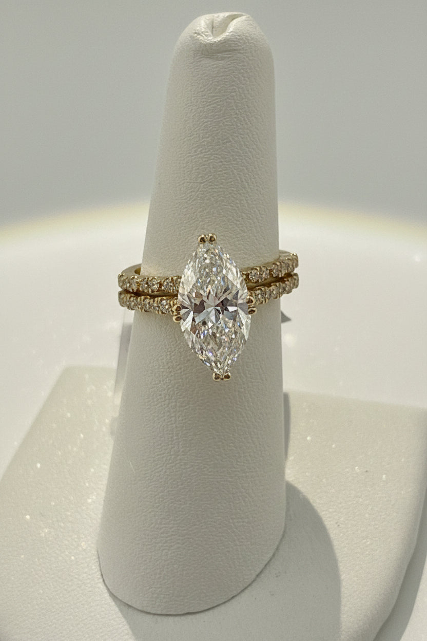 14k LADIES ENGAGEMENT RING SET of 2 with 3.32 CT marquee’s stone shape DIAMOND with certificate