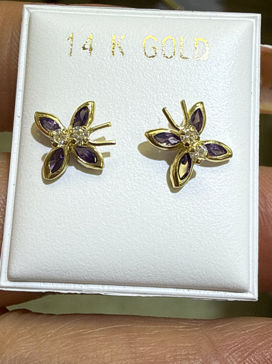 14k Earrings purple and white stones butterfly