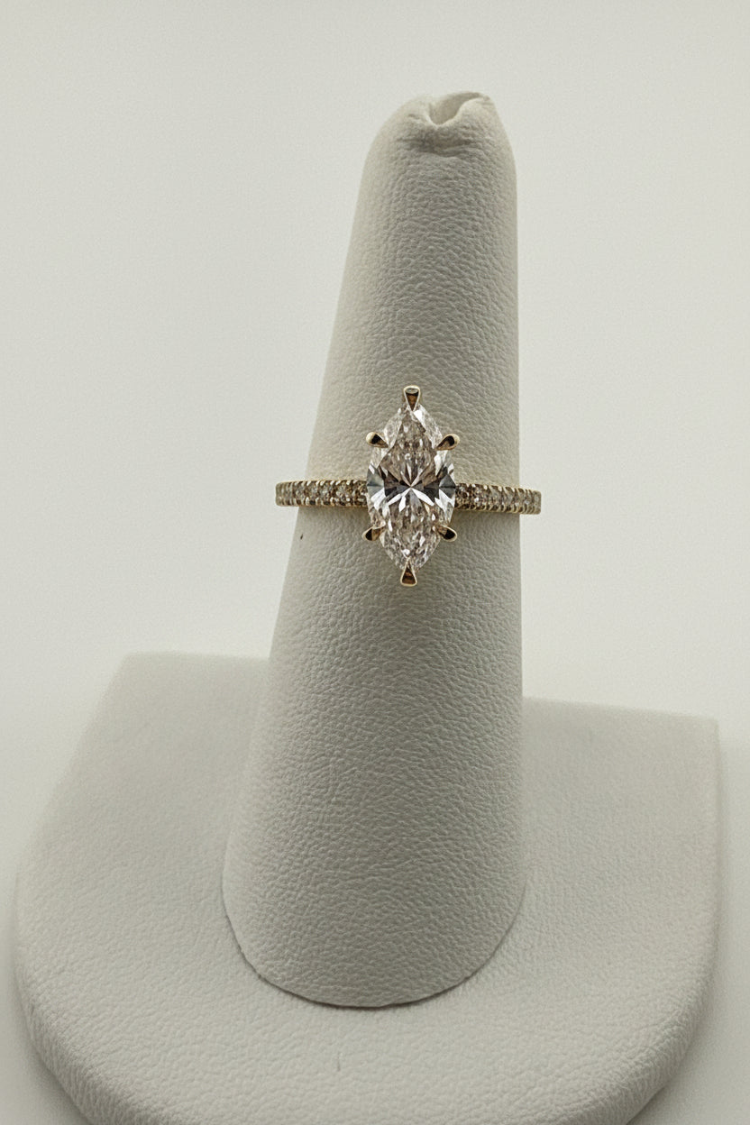 14k LADIES ENGAGEMENT RING 1.75ct plus 1.50ct on the band marquee’s stone shape DIAMOND with certificate