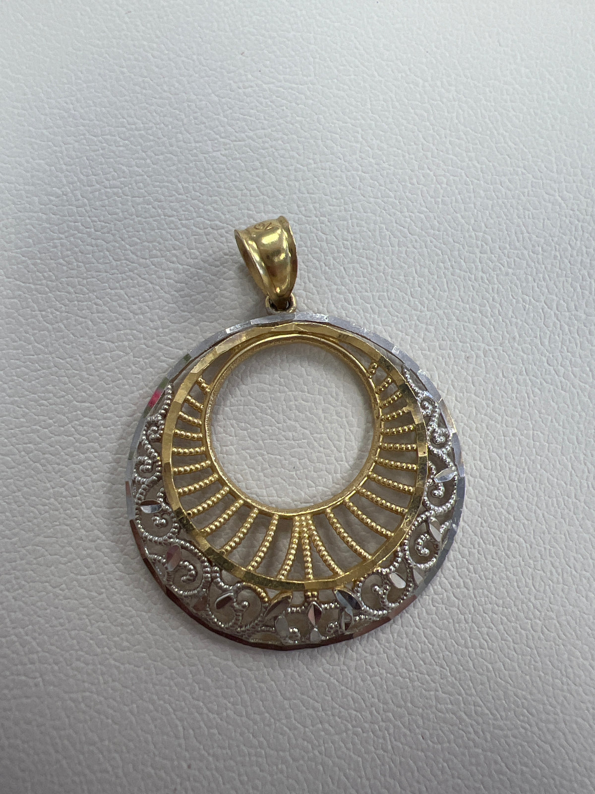 14k circle spiral pendant yellow and white gold