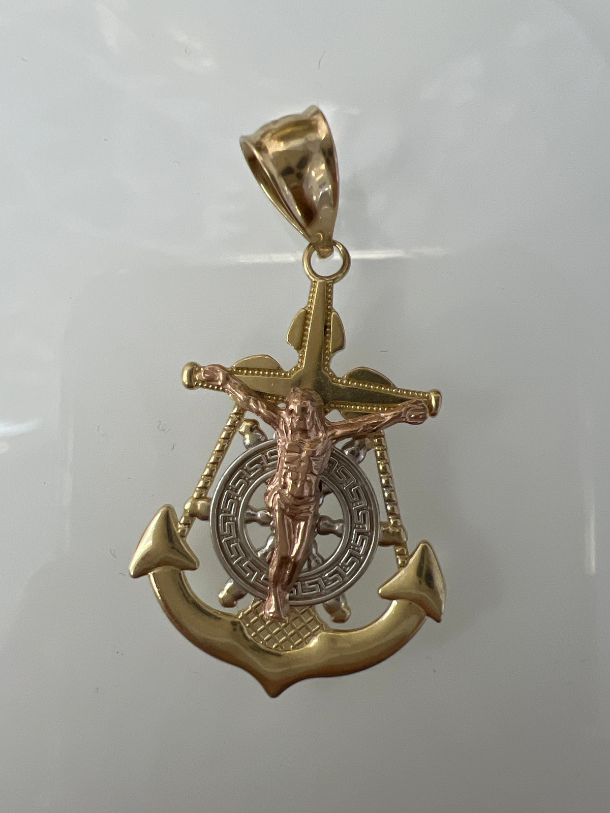 14k tri-colored anchor pendant with jesus