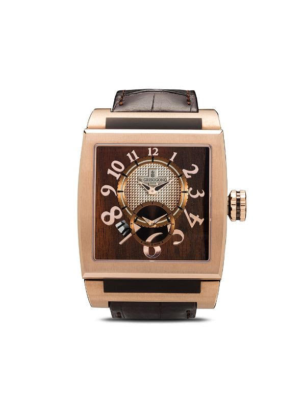 De Grisogono Instrumento 40mm 18K Rose Gold Wooden Finish Dial Leather Band Watch AU750