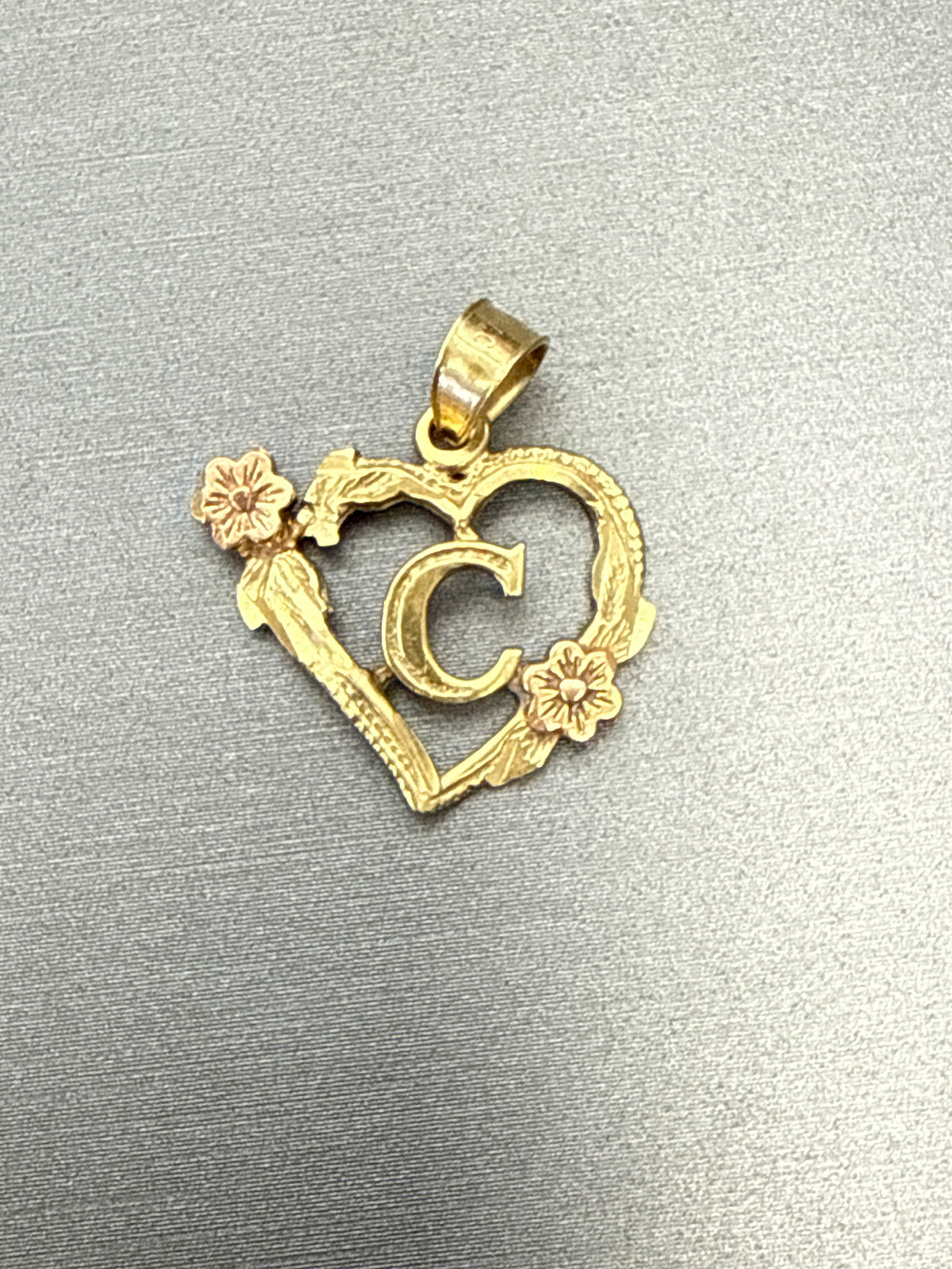 14k letter C pendant with heart and flowers
