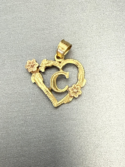 14k letter C pendant with heart and flowers