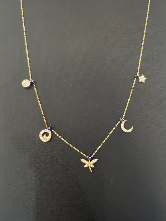 14k necklace with charms, stones, and evil eyes