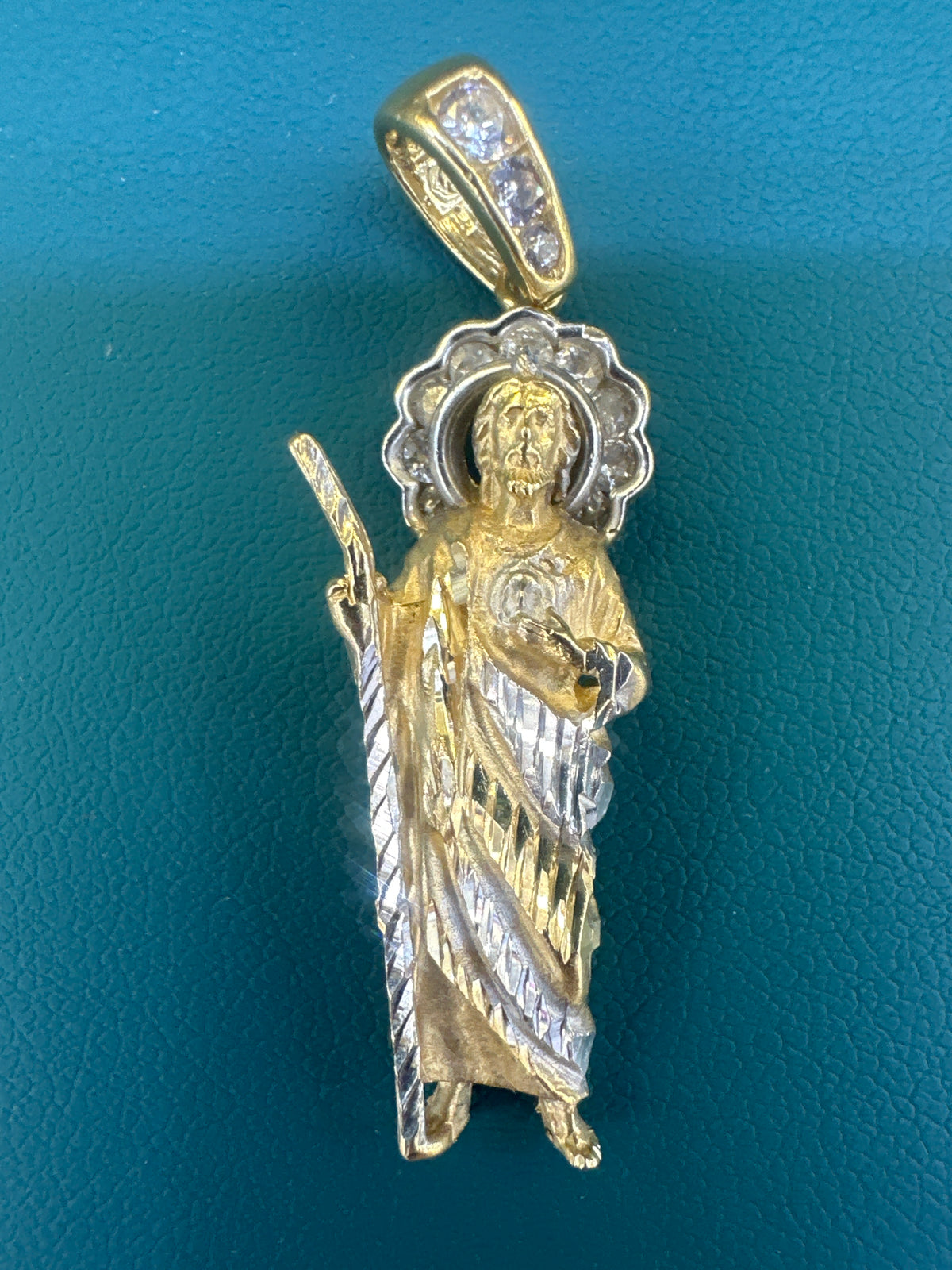 14k Christian pendant san Judas 2 color white and yellow gold
