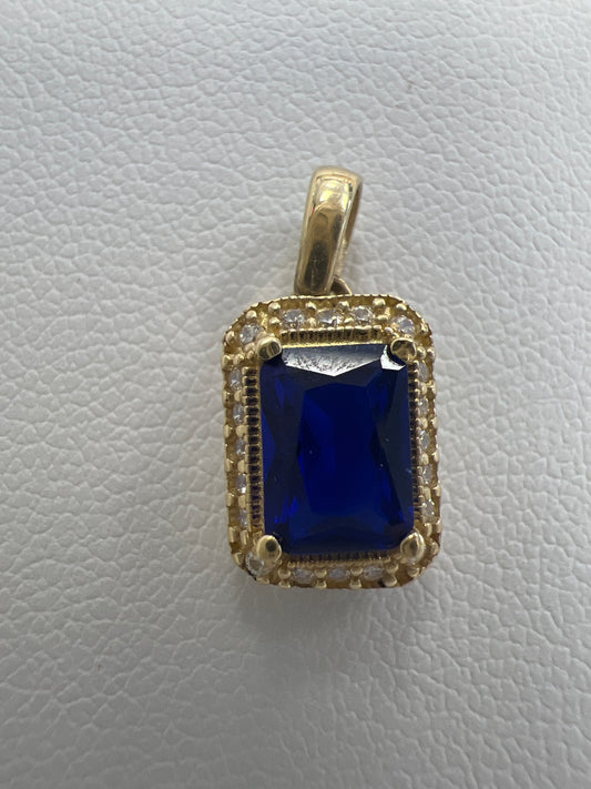 14k rectangle blue stone pendant with white stones