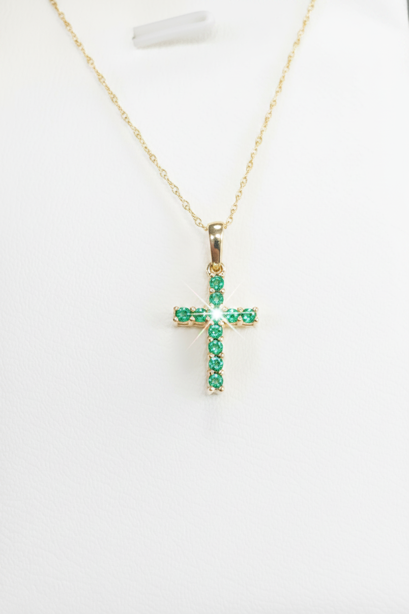 14k necklace Emerald &  Cross .15ct style  17”
