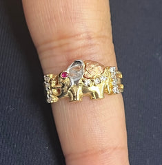 14k tri-colored elephant ring with white and red stones
