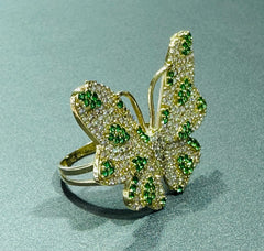 14k butterfly ring green and white stones