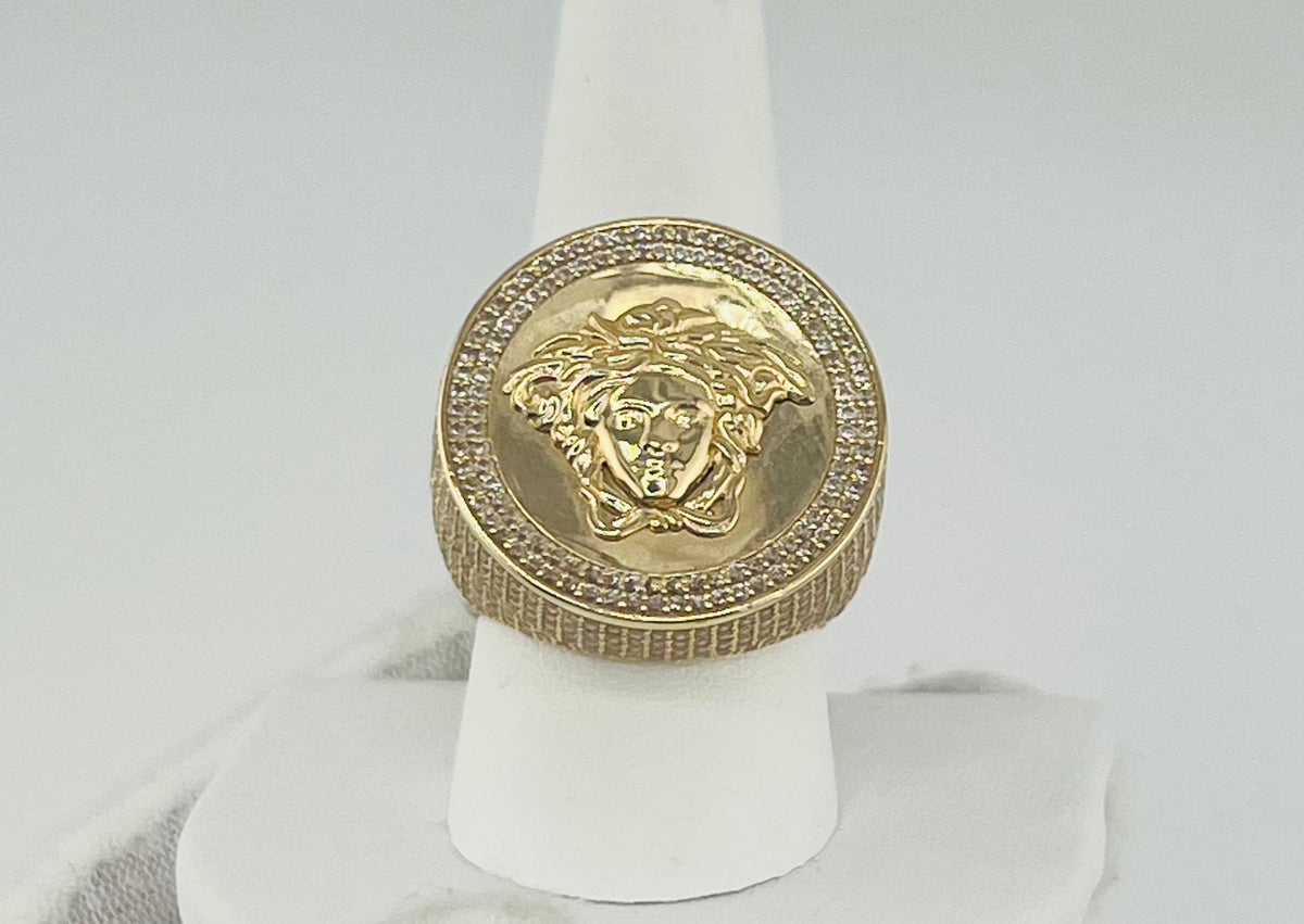 14k ring men round white stone medusa