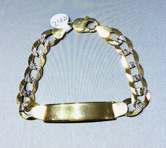 4k bracelet cuban link yellow with white diamond cut and ID plate 8” 11mm