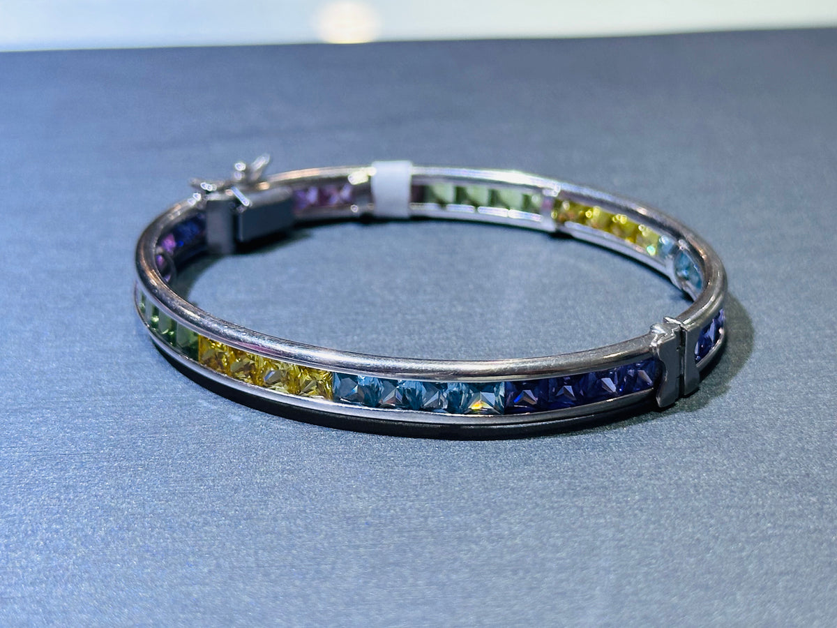 14k Multicolor stones on white gold bangle