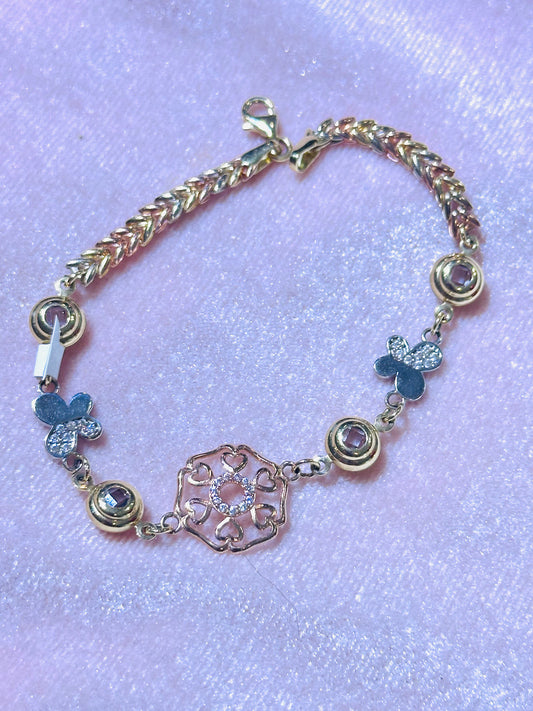 14k Tricolor bracelet with hearts and butterflies