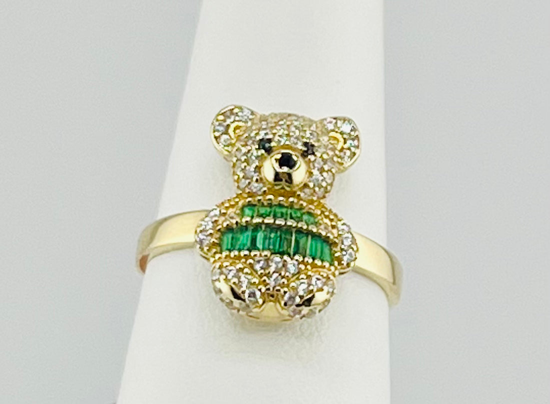 14k ring teddy bear with green and white stone