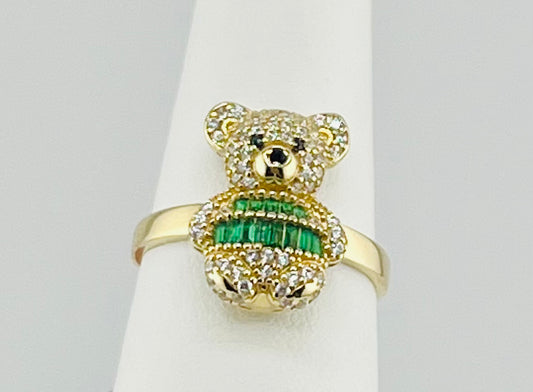 14k ring teddy bear with green and white stone