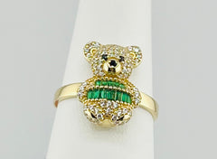 14k ring teddy bear with green and white stone