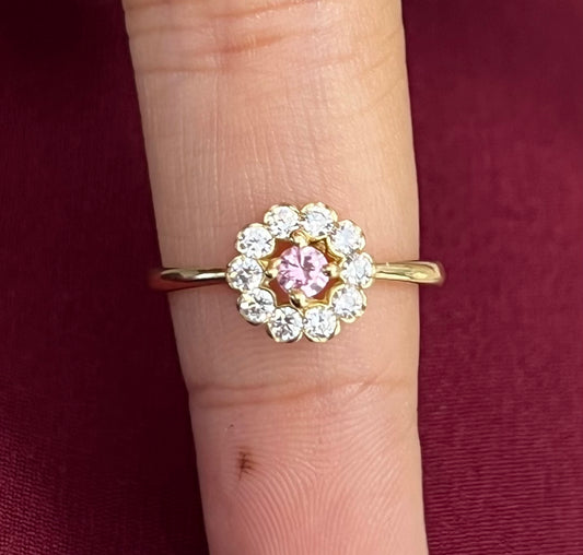 14k pink flower stone ring with smaller stones