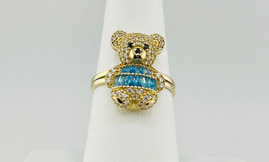 14k ring teddy bear with green and white stone