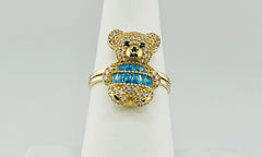 14k ring teddy bear with green and white stone
